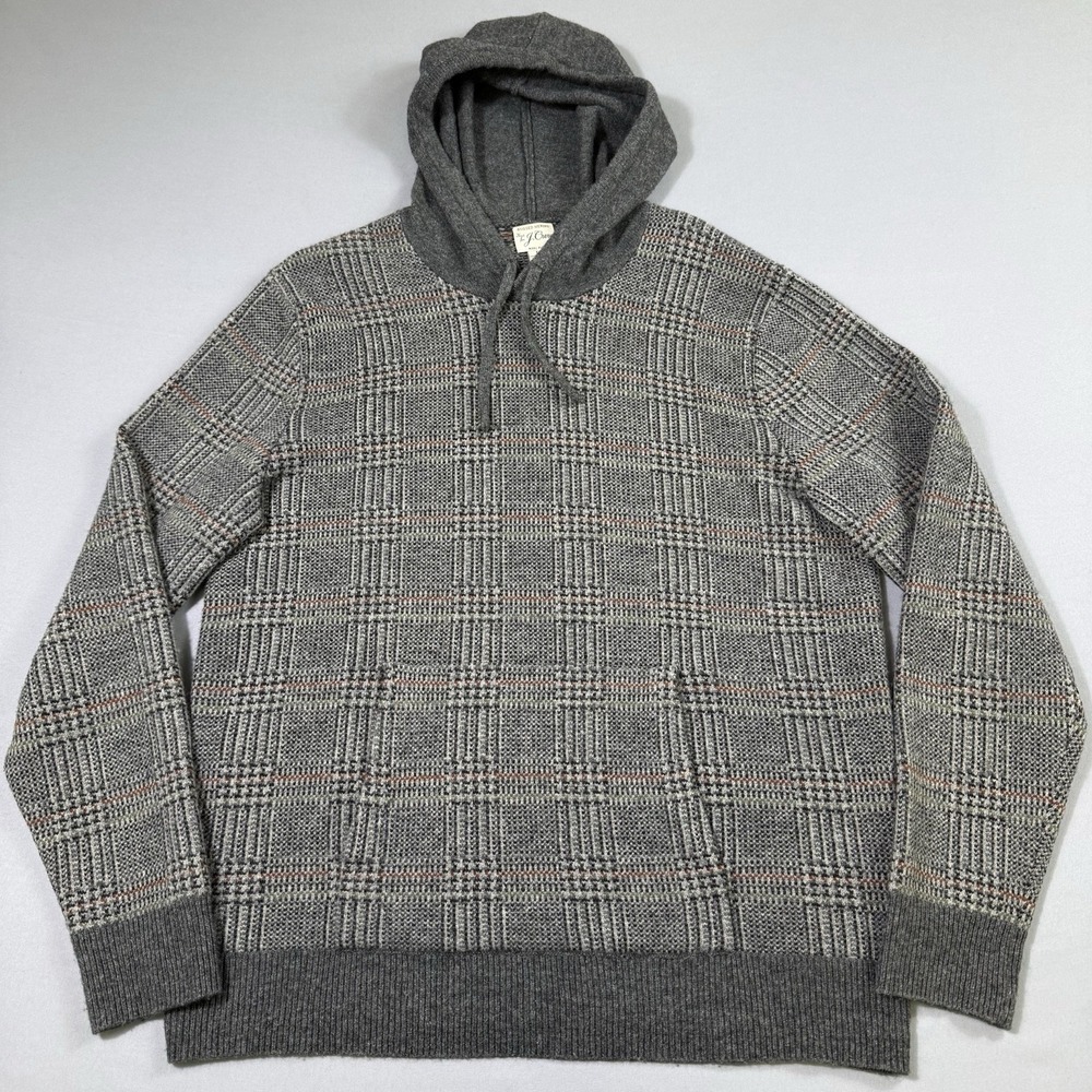 J.Crew Rugged‎ Merino Pullover Hoodie Mens Large Quiet Luxury Glen Plaid EUC